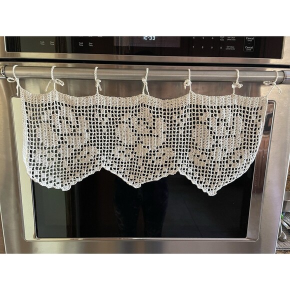 Rose Floral Handmade Crochet Grey Short Curtain Valance Panels 100% Cotton - Picture 1 of 8